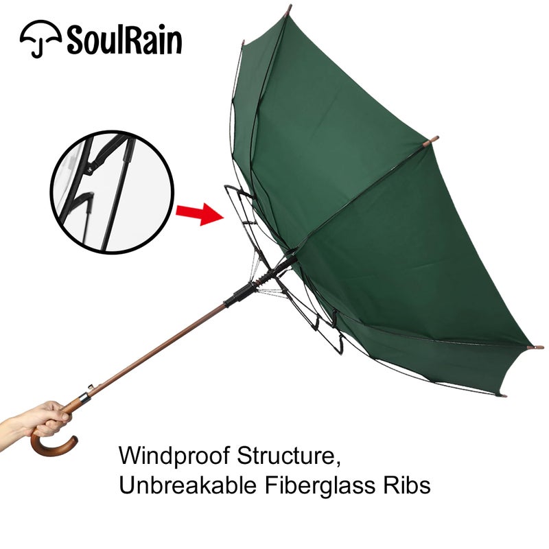 SoulRain 48" Large Umbrella â€“Windproof Stick Umbrellas for Rain, Automatic Open, Vintage Cane green Umbrella with Classic Wooden Handle & Shaft,for Women & Men(Green) - Image 5
